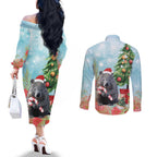 Australia Christmas Couples Matching Off The Shoulder Long Sleeve Dress and Long Sleeve Button Shirt Merry Wombat-mas Watercolor Style