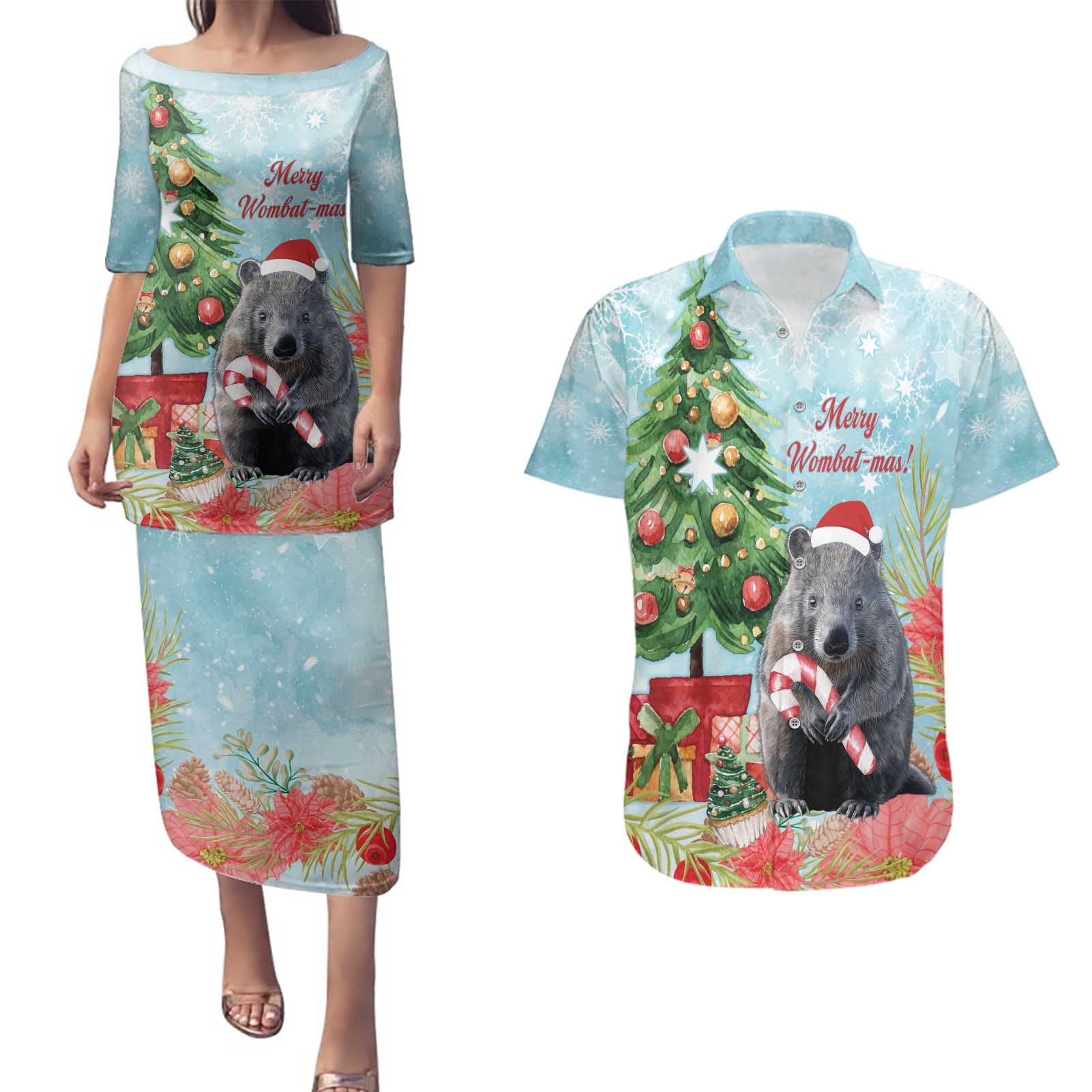 Australia Christmas Couples Matching Puletasi and Hawaiian Shirt Merry Wombat-mas Watercolor Style