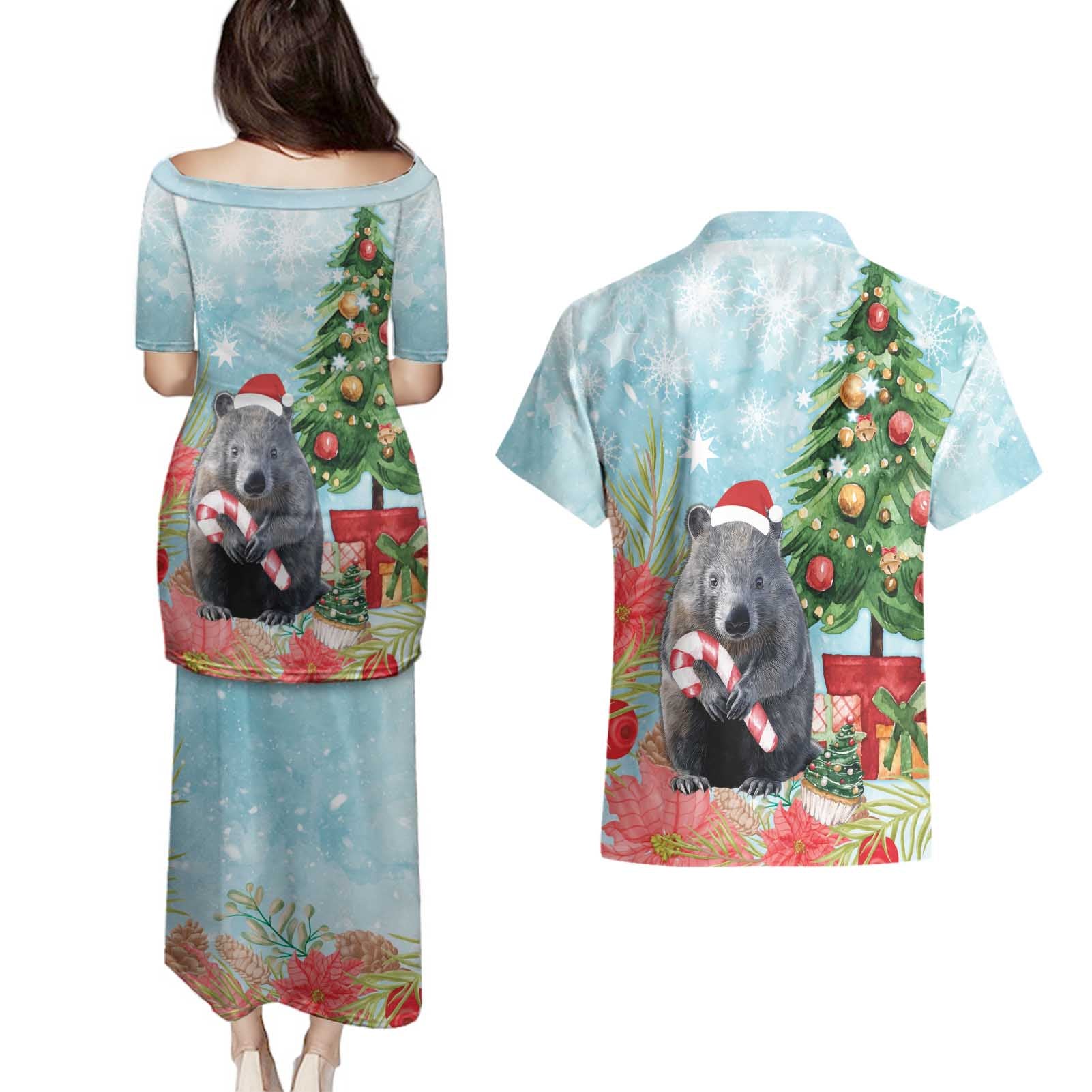 Australia Christmas Couples Matching Puletasi and Hawaiian Shirt Merry Wombat-mas Watercolor Style