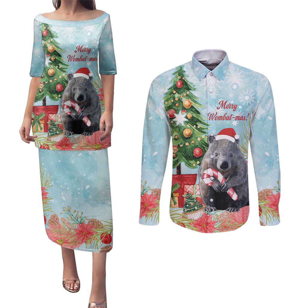 Australia Christmas Couples Matching Puletasi and Long Sleeve Button Shirt Merry Wombat-mas Watercolor Style