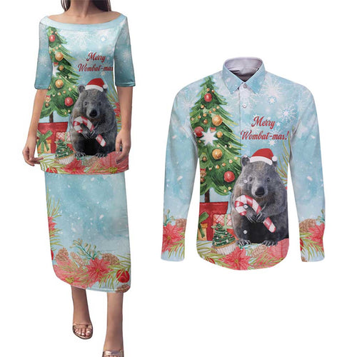 Australia Christmas Couples Matching Puletasi and Long Sleeve Button Shirt Merry Wombat-mas Watercolor Style
