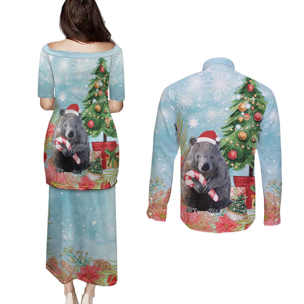 Australia Christmas Couples Matching Puletasi and Long Sleeve Button Shirt Merry Wombat-mas Watercolor Style