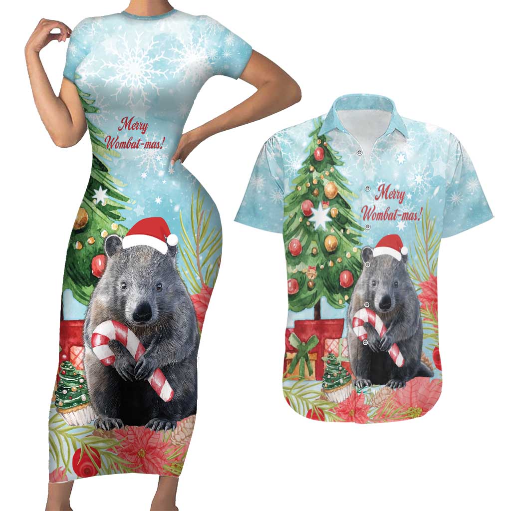 Australia Christmas Couples Matching Short Sleeve Bodycon Dress and Hawaiian Shirt Merry Wombat-mas Watercolor Style