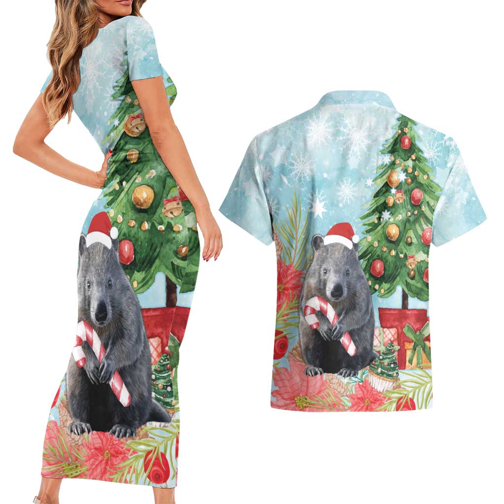 Australia Christmas Couples Matching Short Sleeve Bodycon Dress and Hawaiian Shirt Merry Wombat-mas Watercolor Style
