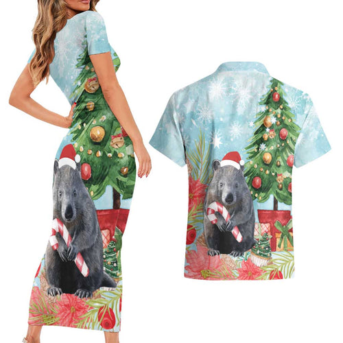 Australia Christmas Couples Matching Short Sleeve Bodycon Dress and Hawaiian Shirt Merry Wombat-mas Watercolor Style