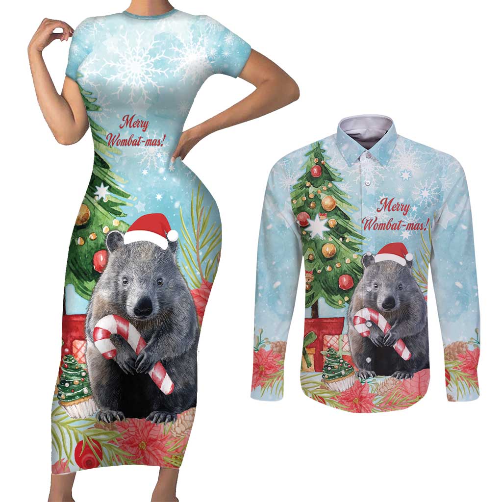 Australia Christmas Couples Matching Short Sleeve Bodycon Dress and Long Sleeve Button Shirt Merry Wombat-mas Watercolor Style