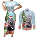 Australia Christmas Couples Matching Short Sleeve Bodycon Dress and Long Sleeve Button Shirt Merry Wombat-mas Watercolor Style