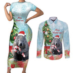 Australia Christmas Couples Matching Short Sleeve Bodycon Dress and Long Sleeve Button Shirt Merry Wombat-mas Watercolor Style