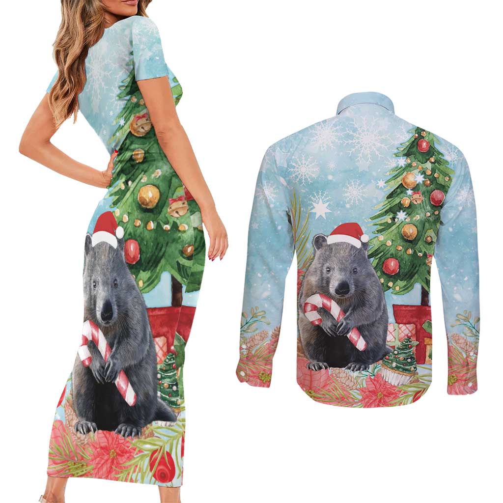 Australia Christmas Couples Matching Short Sleeve Bodycon Dress and Long Sleeve Button Shirt Merry Wombat-mas Watercolor Style
