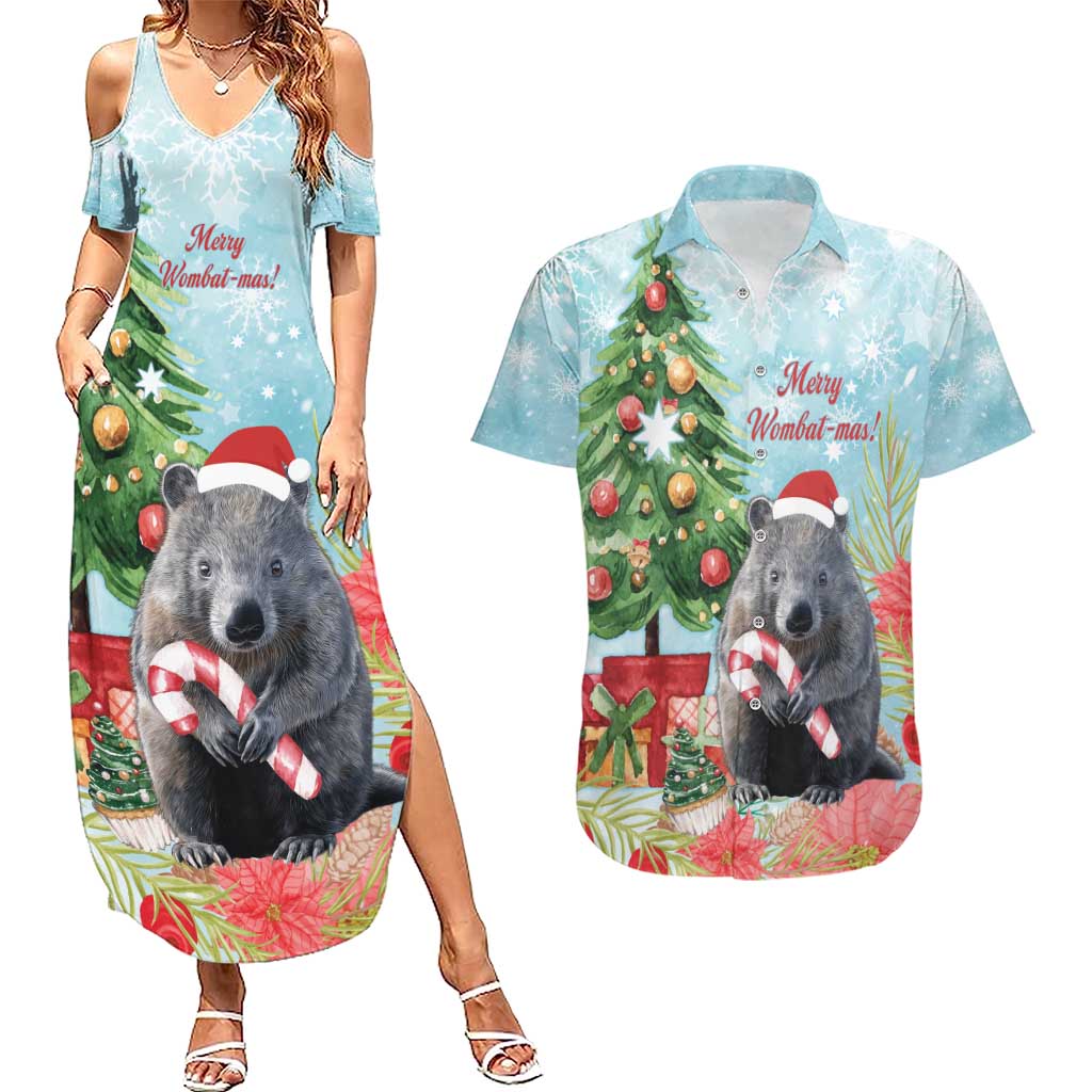 Australia Christmas Couples Matching Summer Maxi Dress and Hawaiian Shirt Merry Wombat-mas Watercolor Style