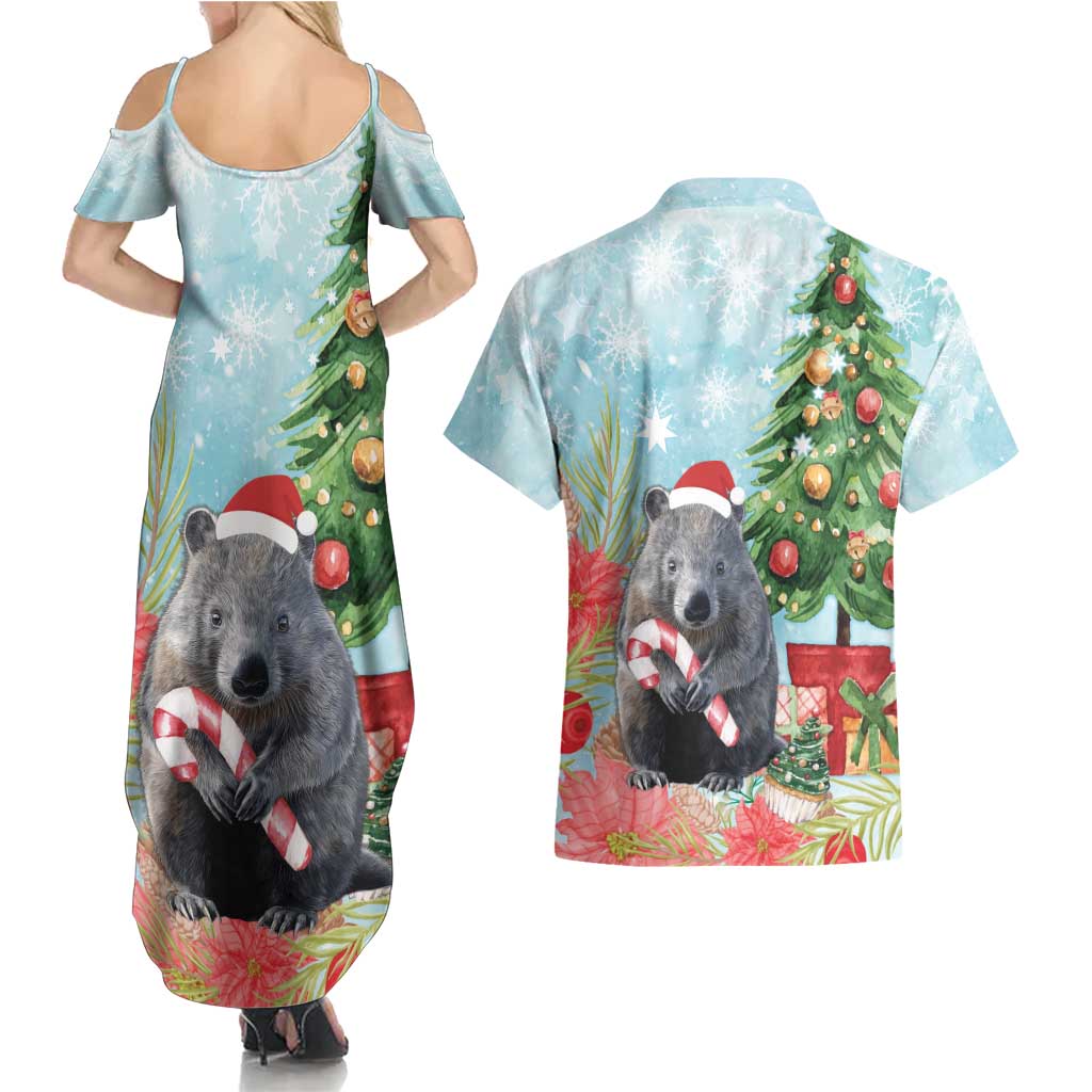 Australia Christmas Couples Matching Summer Maxi Dress and Hawaiian Shirt Merry Wombat-mas Watercolor Style