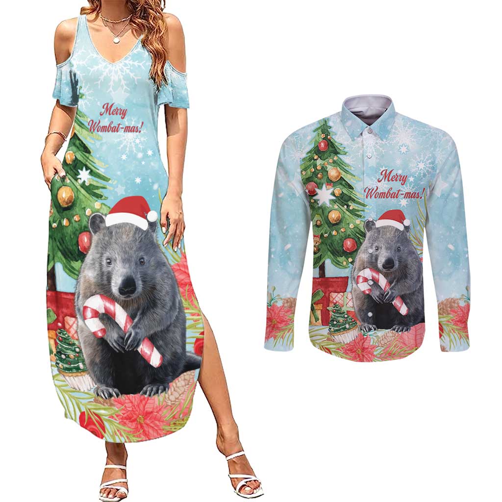 Australia Christmas Couples Matching Summer Maxi Dress and Long Sleeve Button Shirt Merry Wombat-mas Watercolor Style