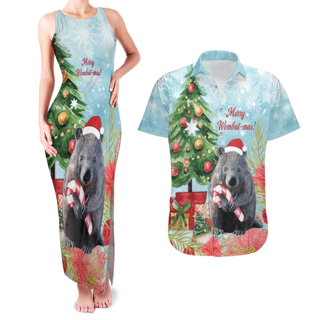 Australia Christmas Couples Matching Tank Maxi Dress and Hawaiian Shirt Merry Wombat-mas Watercolor Style