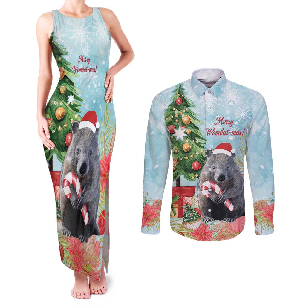 Australia Christmas Couples Matching Tank Maxi Dress and Long Sleeve Button Shirt Merry Wombat-mas Watercolor Style