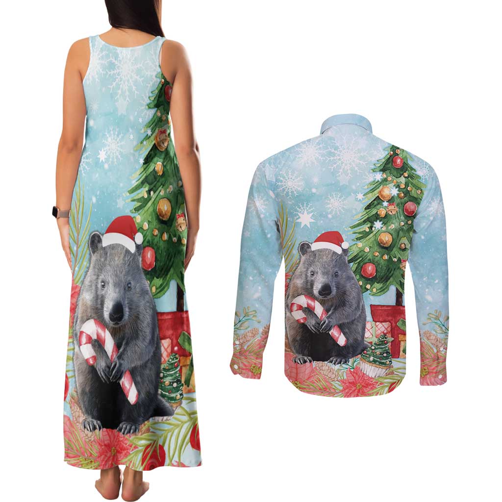Australia Christmas Couples Matching Tank Maxi Dress and Long Sleeve Button Shirt Merry Wombat-mas Watercolor Style