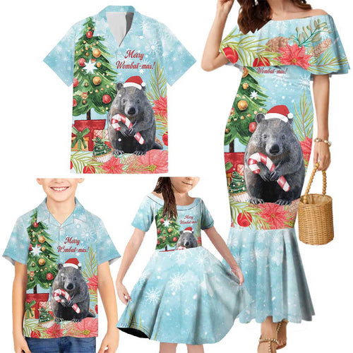Australia Christmas Family Matching Mermaid Dress and Hawaiian Shirt Merry Wombat-mas Watercolor Style