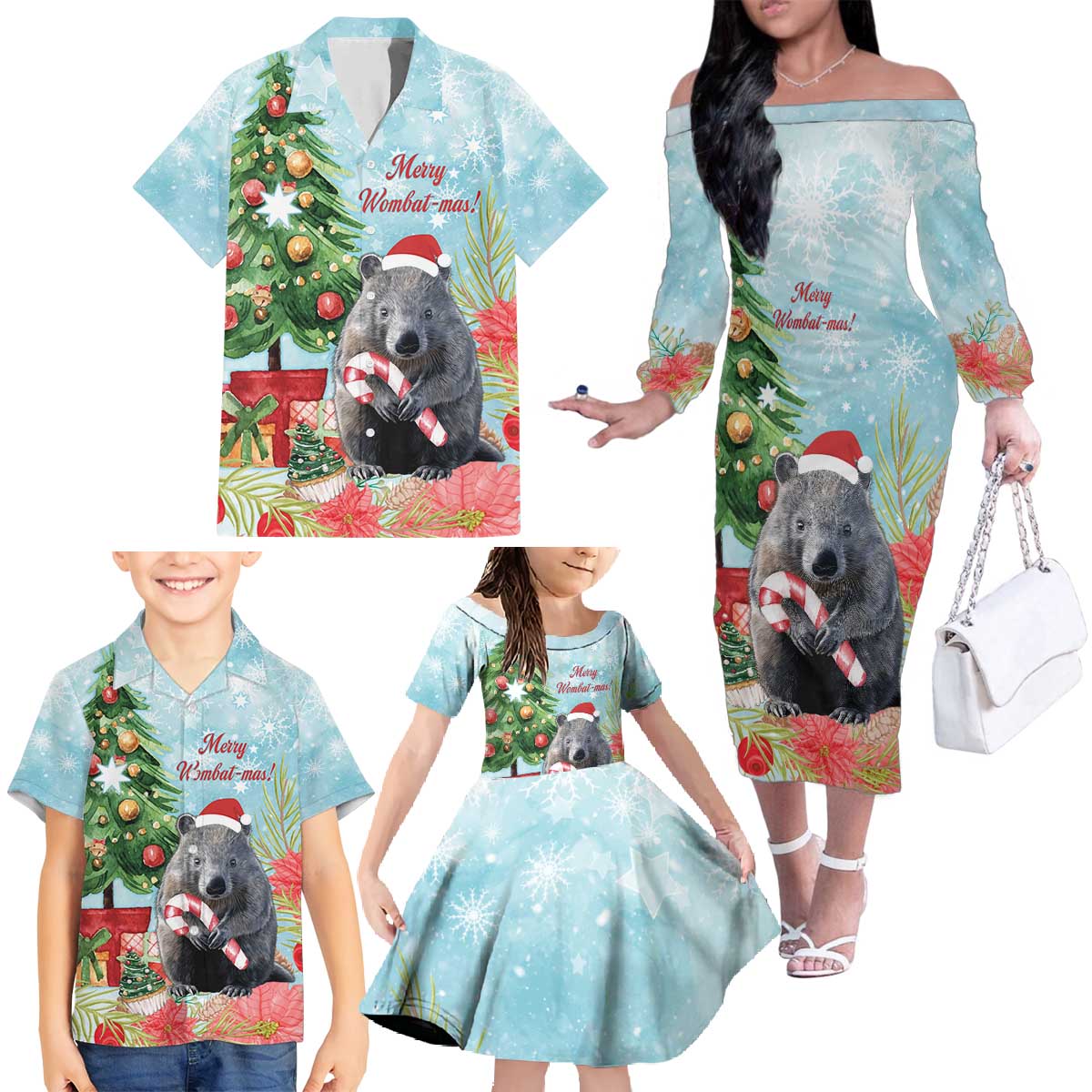 Australia Christmas Family Matching Off The Shoulder Long Sleeve Dress and Hawaiian Shirt Merry Wombat-mas Watercolor Style