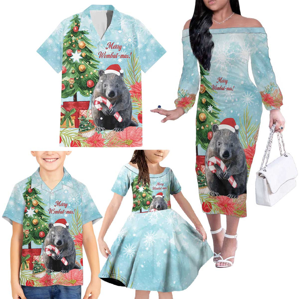 Australia Christmas Family Matching Off The Shoulder Long Sleeve Dress and Hawaiian Shirt Merry Wombat-mas Watercolor Style