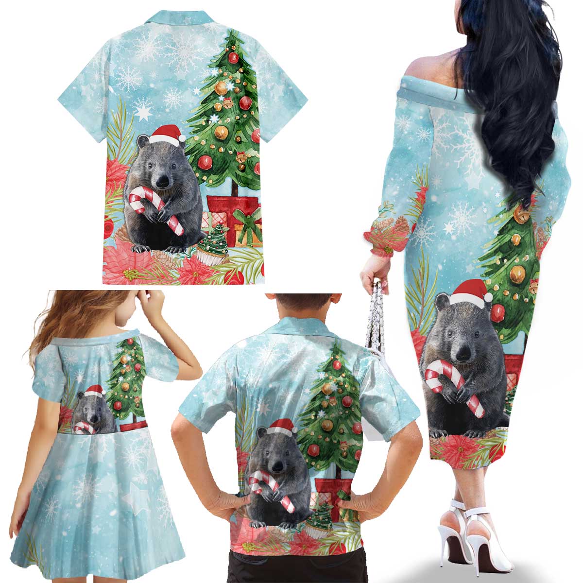 Australia Christmas Family Matching Off The Shoulder Long Sleeve Dress and Hawaiian Shirt Merry Wombat-mas Watercolor Style