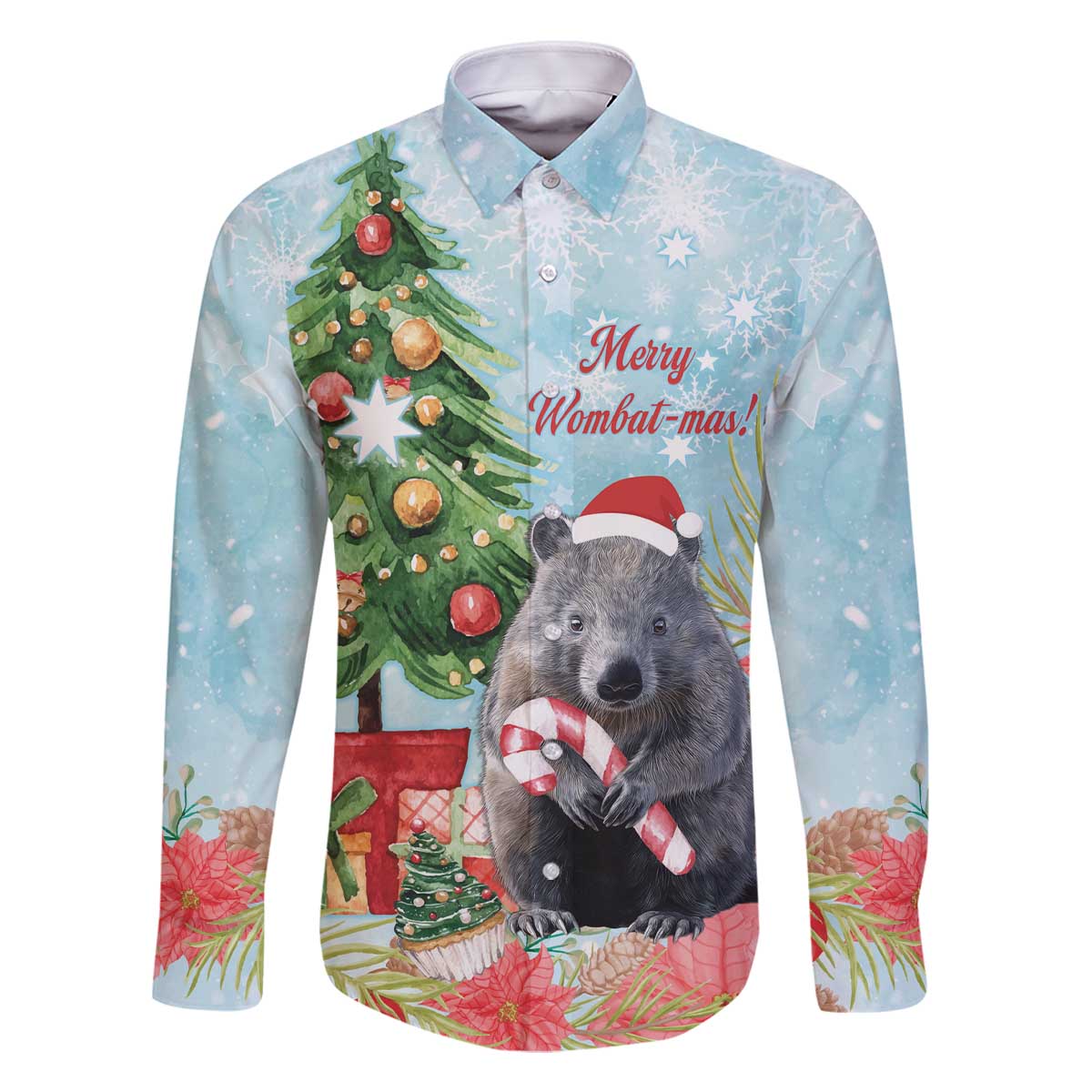 Australia Christmas Family Matching Off The Shoulder Long Sleeve Dress and Hawaiian Shirt Merry Wombat-mas Watercolor Style