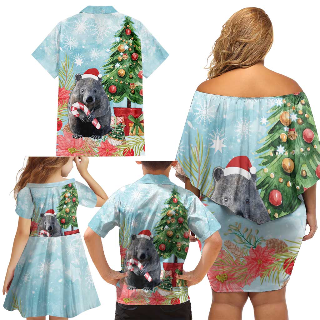 Australia Christmas Family Matching Off Shoulder Short Dress and Hawaiian Shirt Merry Wombat-mas Watercolor Style