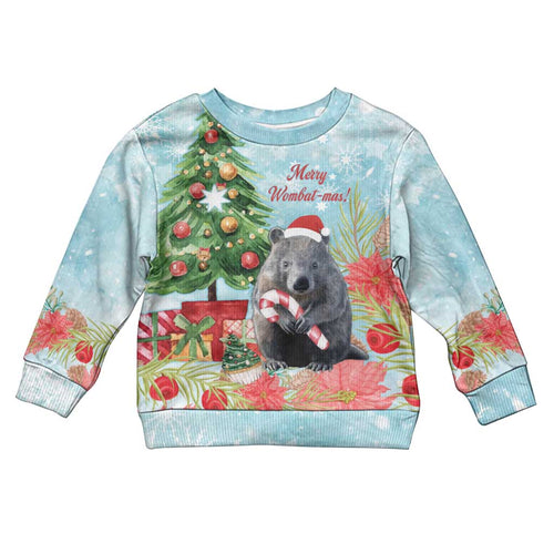 Australia Christmas Kid Ugly Christmas Sweater Merry Wombat-mas Watercolor Style
