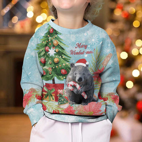 Australia Christmas Kid Ugly Christmas Sweater Merry Wombat-mas Watercolor Style