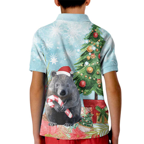Australia Christmas Kid Polo Shirt Merry Wombat-mas Watercolor Style