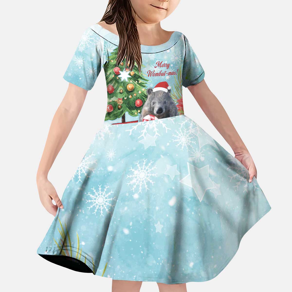 Australia Christmas Kid Short Sleeve Dress Merry Wombat-mas Watercolor Style