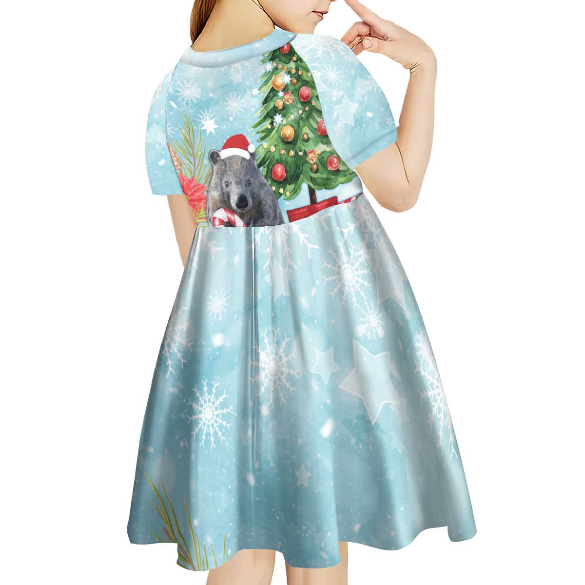 Australia Christmas Kid Short Sleeve Dress Merry Wombat-mas Watercolor Style