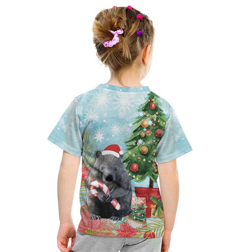 Australia Christmas Kid T Shirt Merry Wombat-mas Watercolor Style