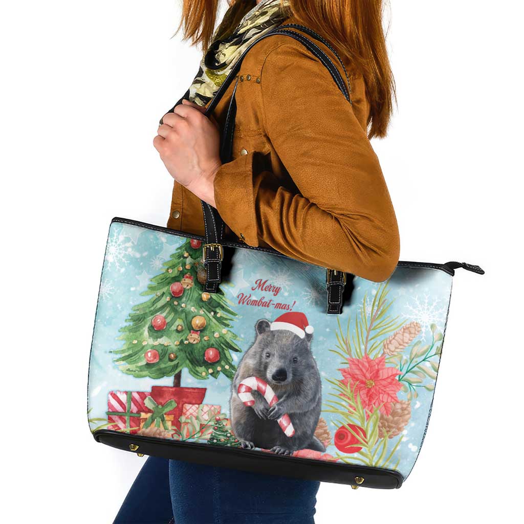 Australia Christmas Leather Tote Bag Merry Wombat-mas Watercolor Style
