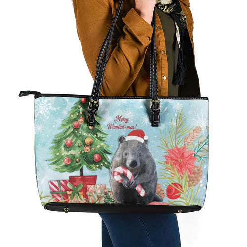 Australia Christmas Leather Tote Bag Merry Wombat-mas Watercolor Style
