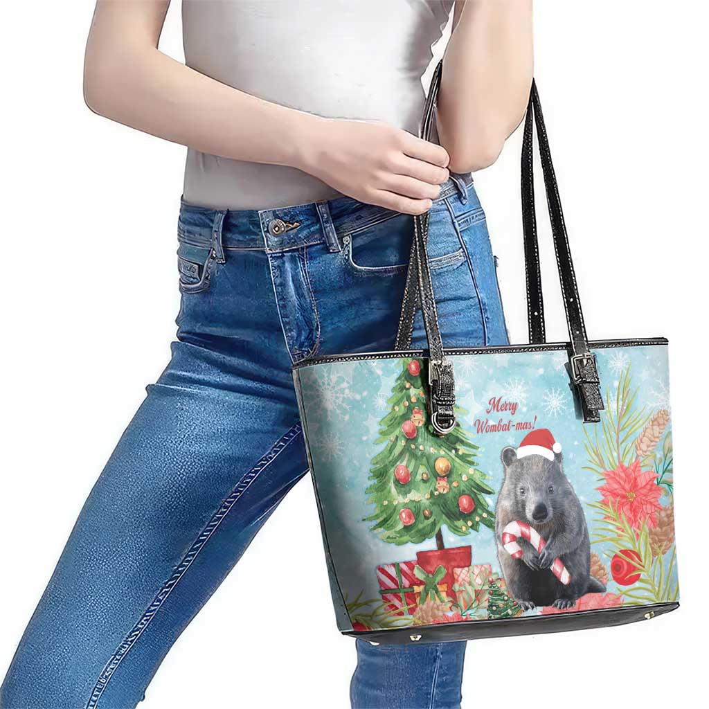Australia Christmas Leather Tote Bag Merry Wombat-mas Watercolor Style