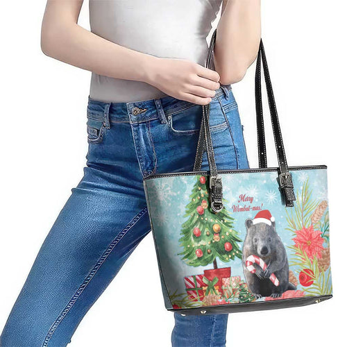 Australia Christmas Leather Tote Bag Merry Wombat-mas Watercolor Style