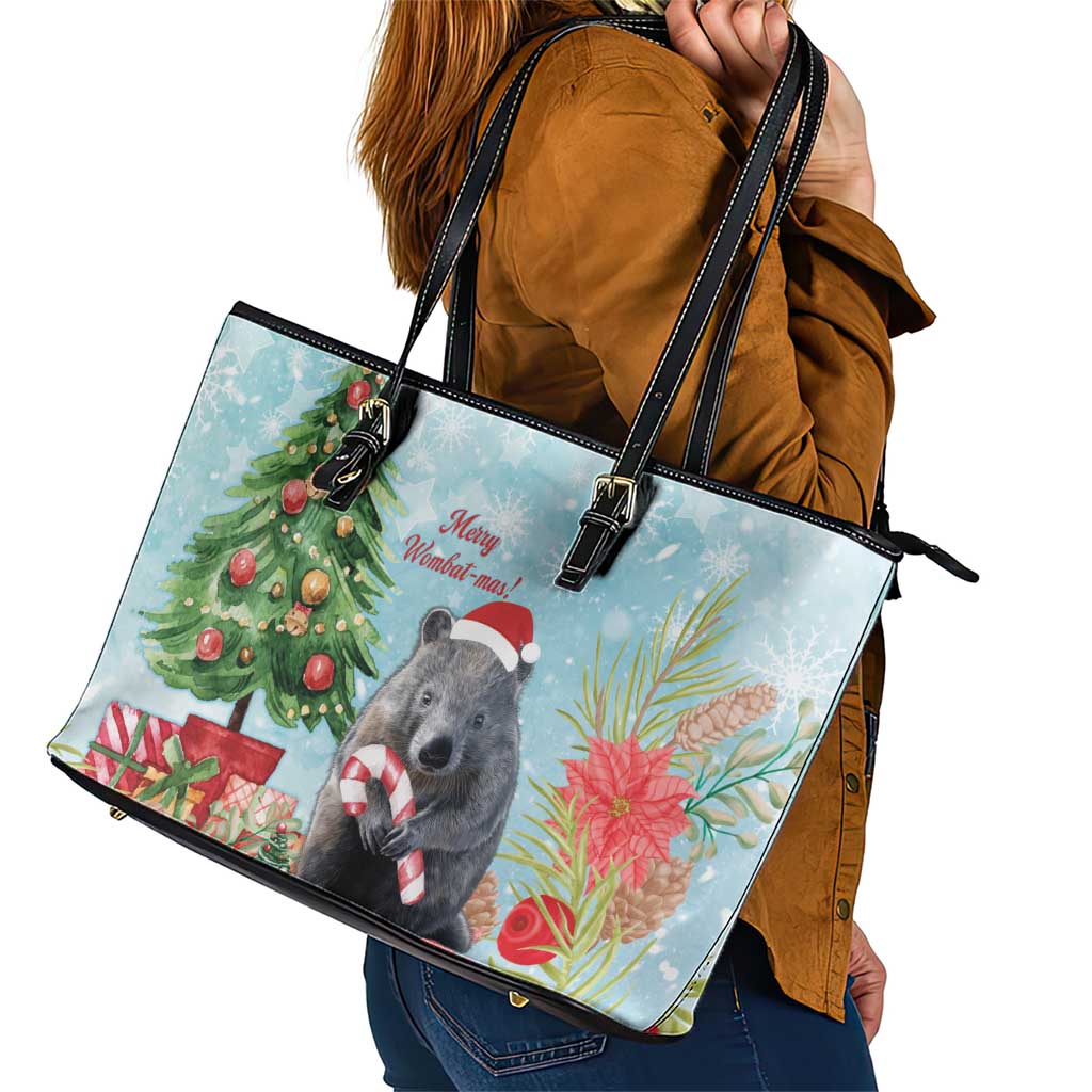 Australia Christmas Leather Tote Bag Merry Wombat-mas Watercolor Style