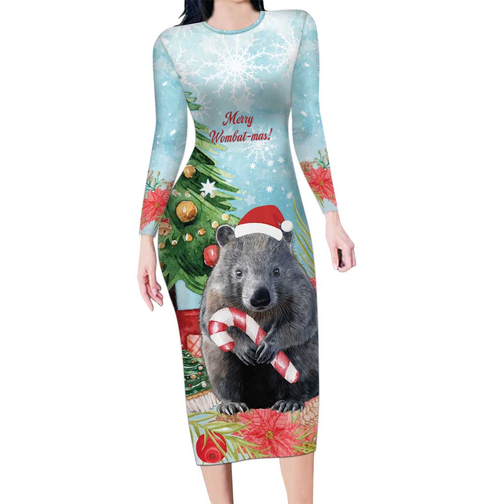 Australia Christmas Long Sleeve Bodycon Dress Merry Wombat-mas Watercolor Style