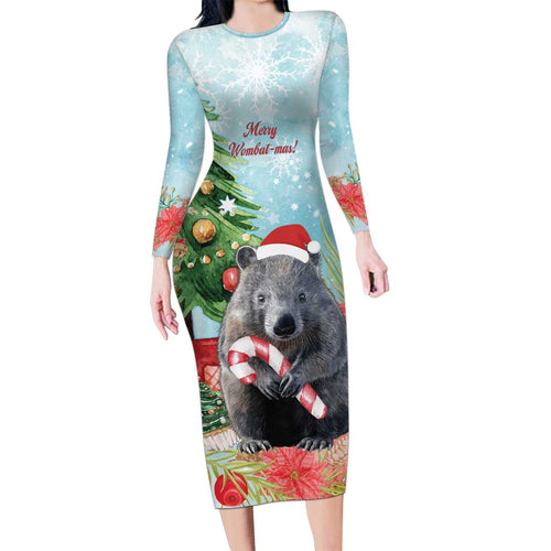 Australia Christmas Long Sleeve Bodycon Dress Merry Wombat-mas Watercolor Style