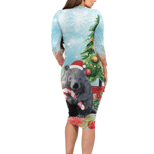 Australia Christmas Long Sleeve Bodycon Dress Merry Wombat-mas Watercolor Style