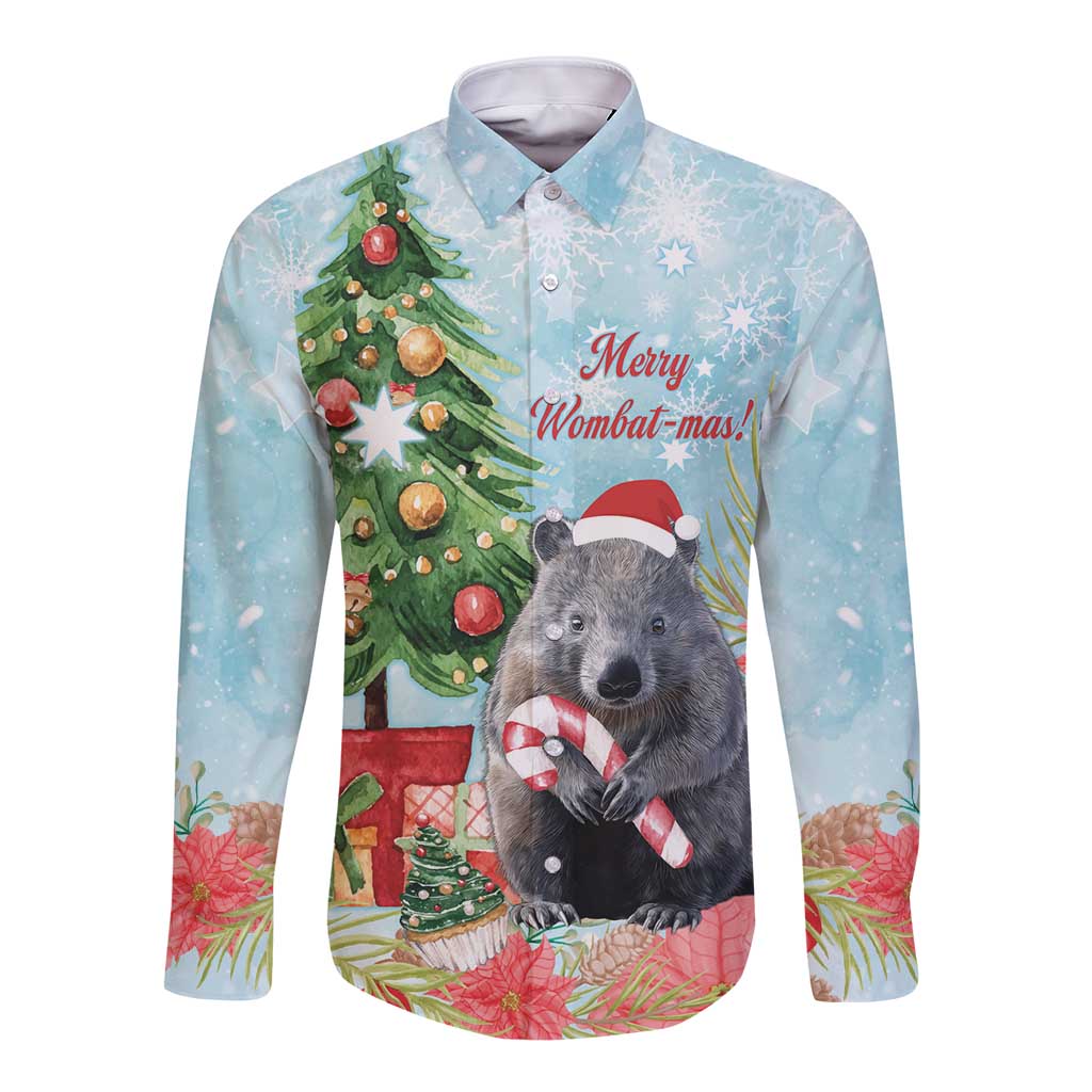 Australia Christmas Long Sleeve Button Shirt Merry Wombat-mas Watercolor Style