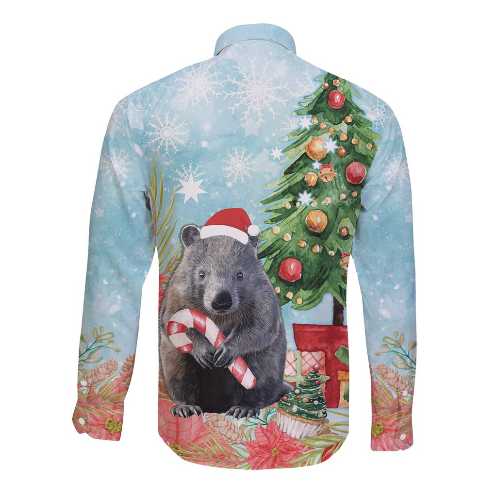 Australia Christmas Long Sleeve Button Shirt Merry Wombat-mas Watercolor Style