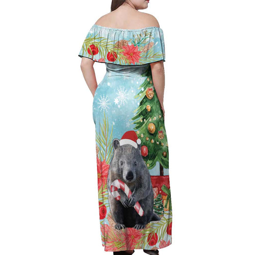 Australia Christmas Off Shoulder Maxi Dress Merry Wombat-mas Watercolor Style