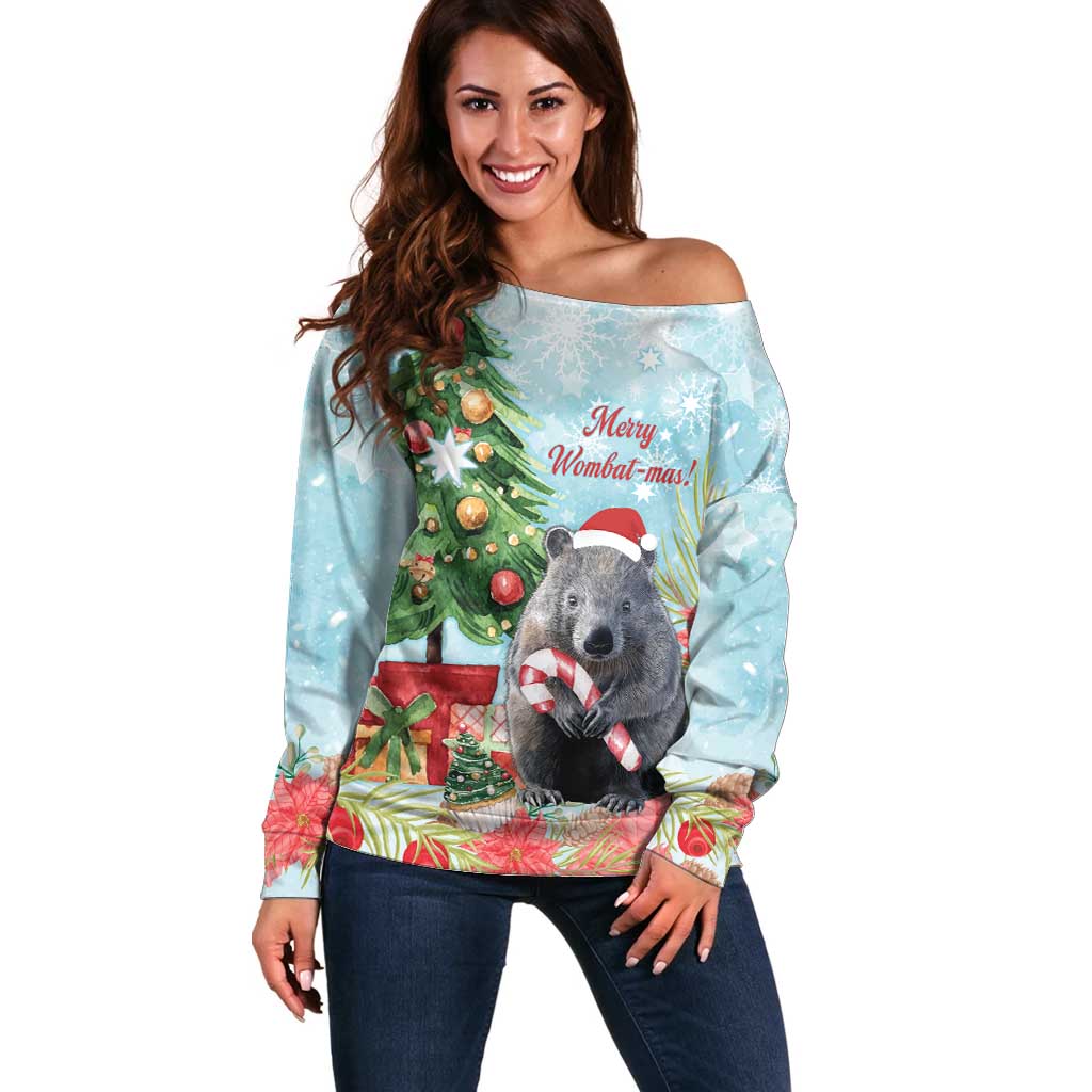 Australia Christmas Off Shoulder Sweater Merry Wombat-mas Watercolor Style
