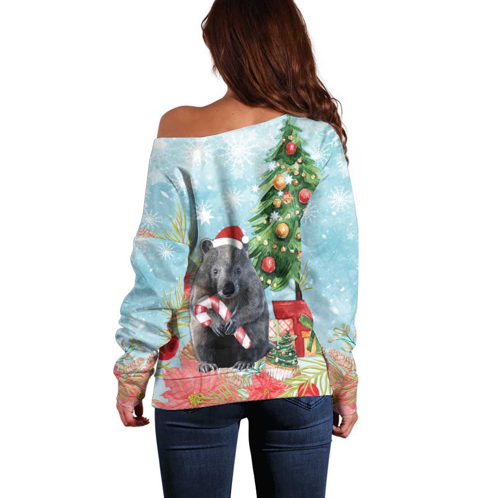 Australia Christmas Off Shoulder Sweater Merry Wombat-mas Watercolor Style