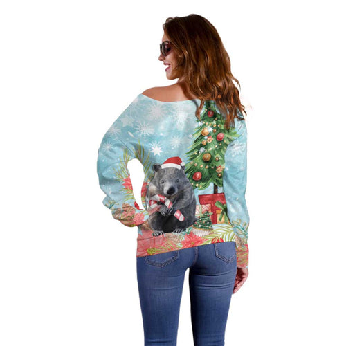 Australia Christmas Off Shoulder Sweater Merry Wombat-mas Watercolor Style