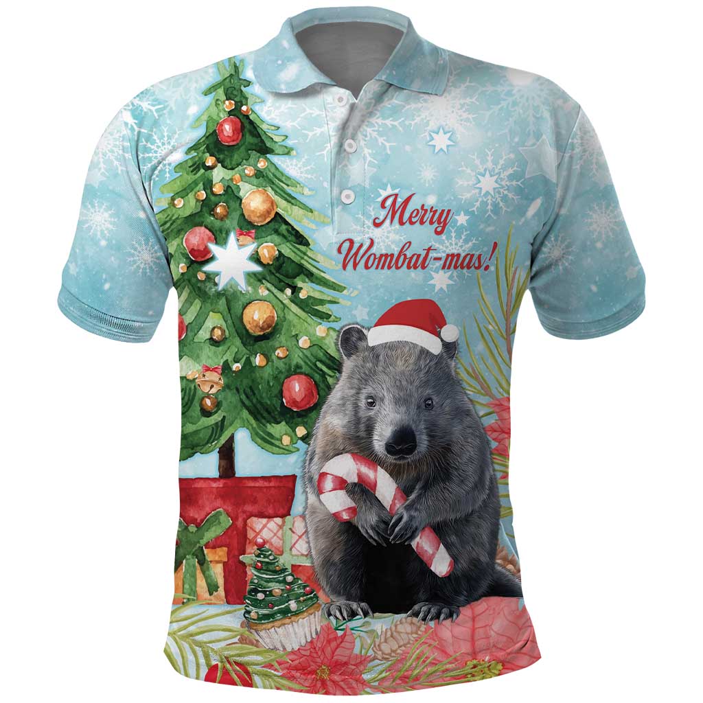 Australia Christmas Polo Shirt Merry Wombat-mas Watercolor Style
