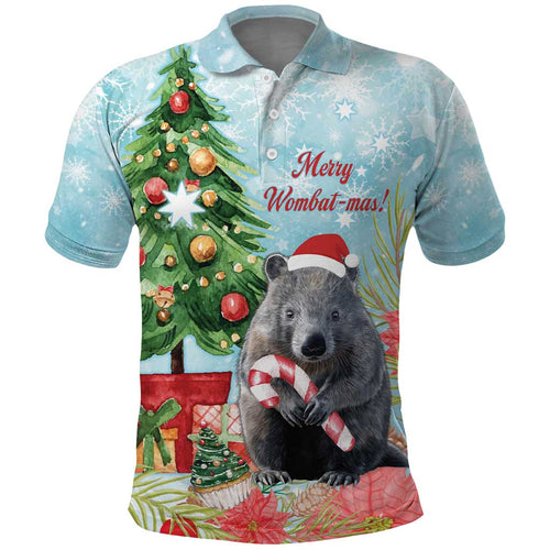 Australia Christmas Polo Shirt Merry Wombat-mas Watercolor Style