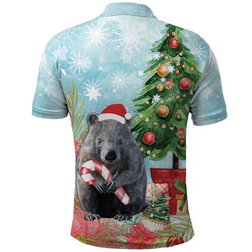 Australia Christmas Polo Shirt Merry Wombat-mas Watercolor Style
