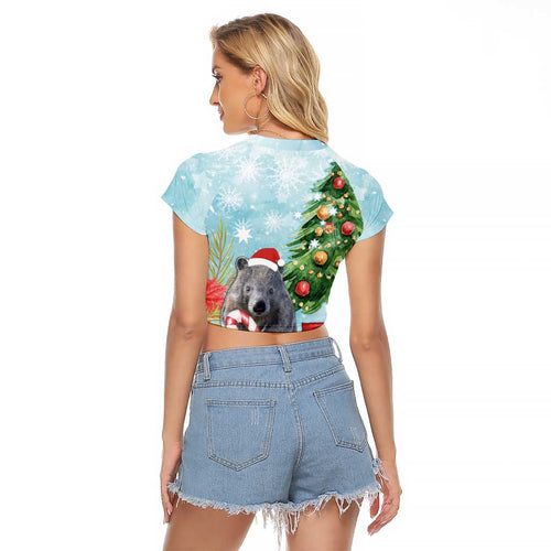 Australia Christmas Raglan Cropped T Shirt Merry Wombat-mas Watercolor Style