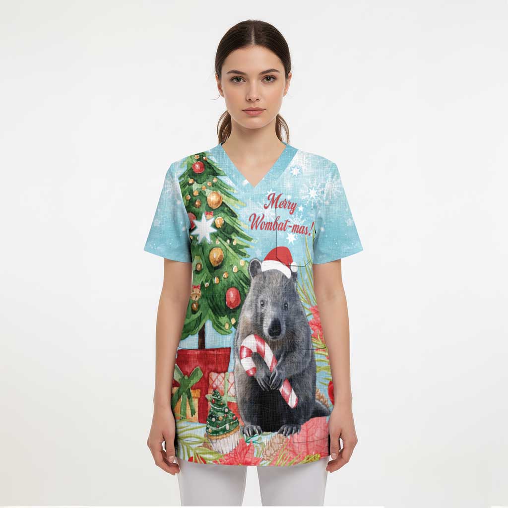Australia Christmas Scrub Top Merry Wombat-mas Watercolor Style - Aussie Hoodie